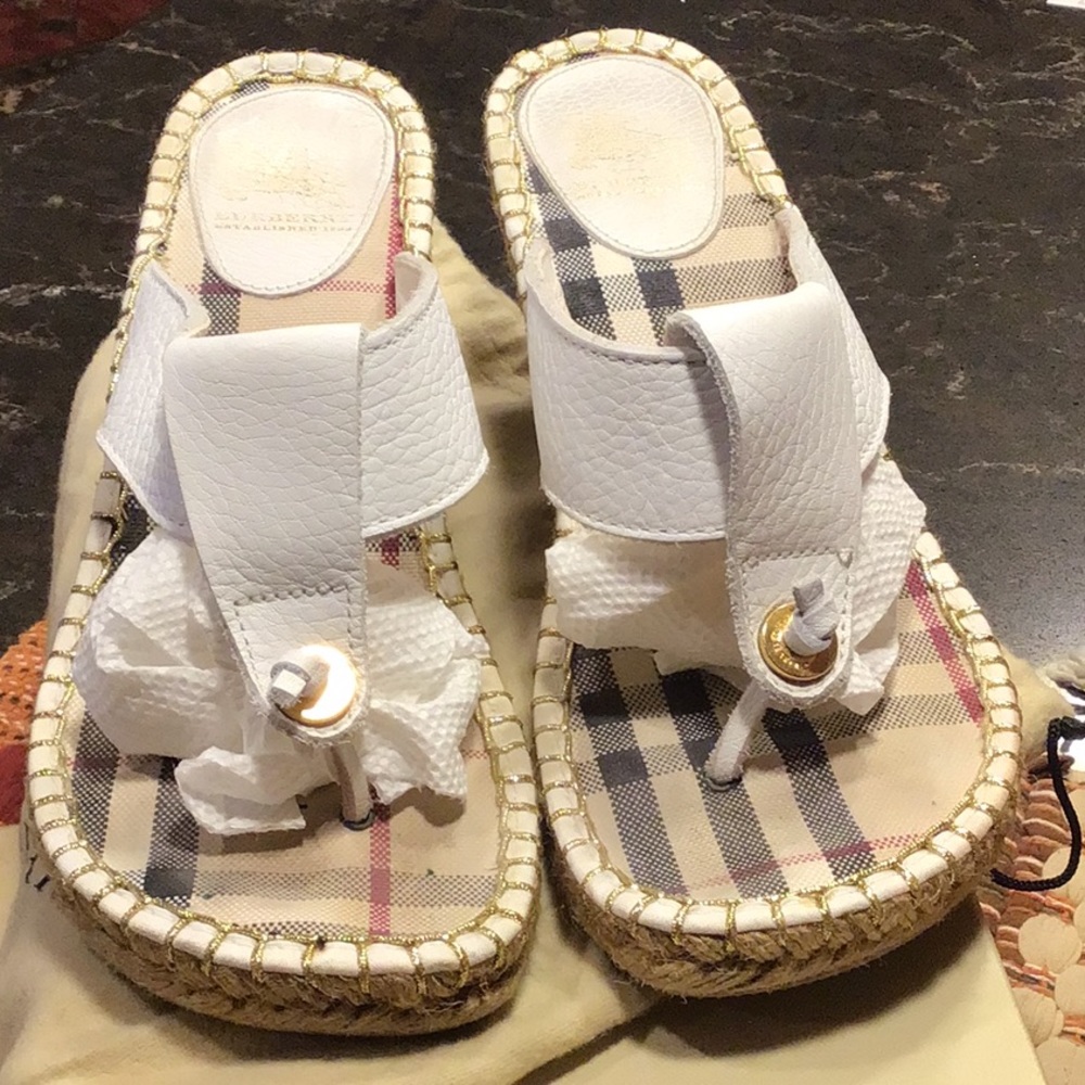 White and Gold Burberry wedge sandals